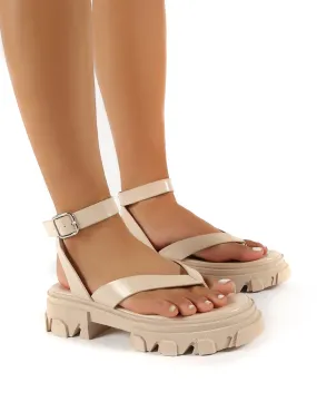 Deputy Bone PU Chunky Sole Ankle Wrap Thong Strap Sandals