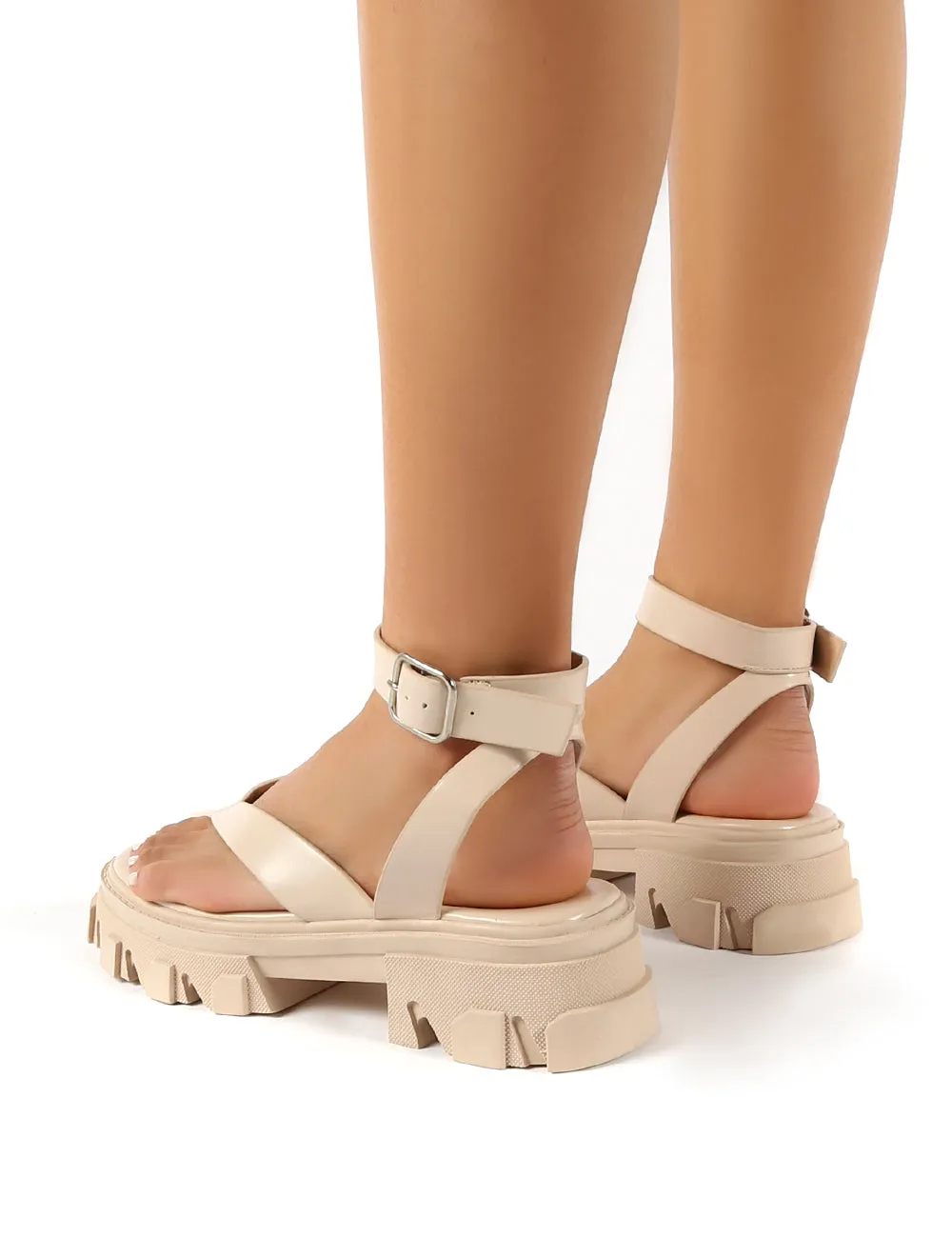 Deputy Bone PU Chunky Sole Ankle Wrap Thong Strap Sandals