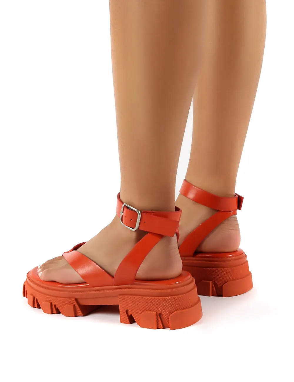 Deputy Orange PU Chunky Sole Ankle Wrap Thong Strap Sandals