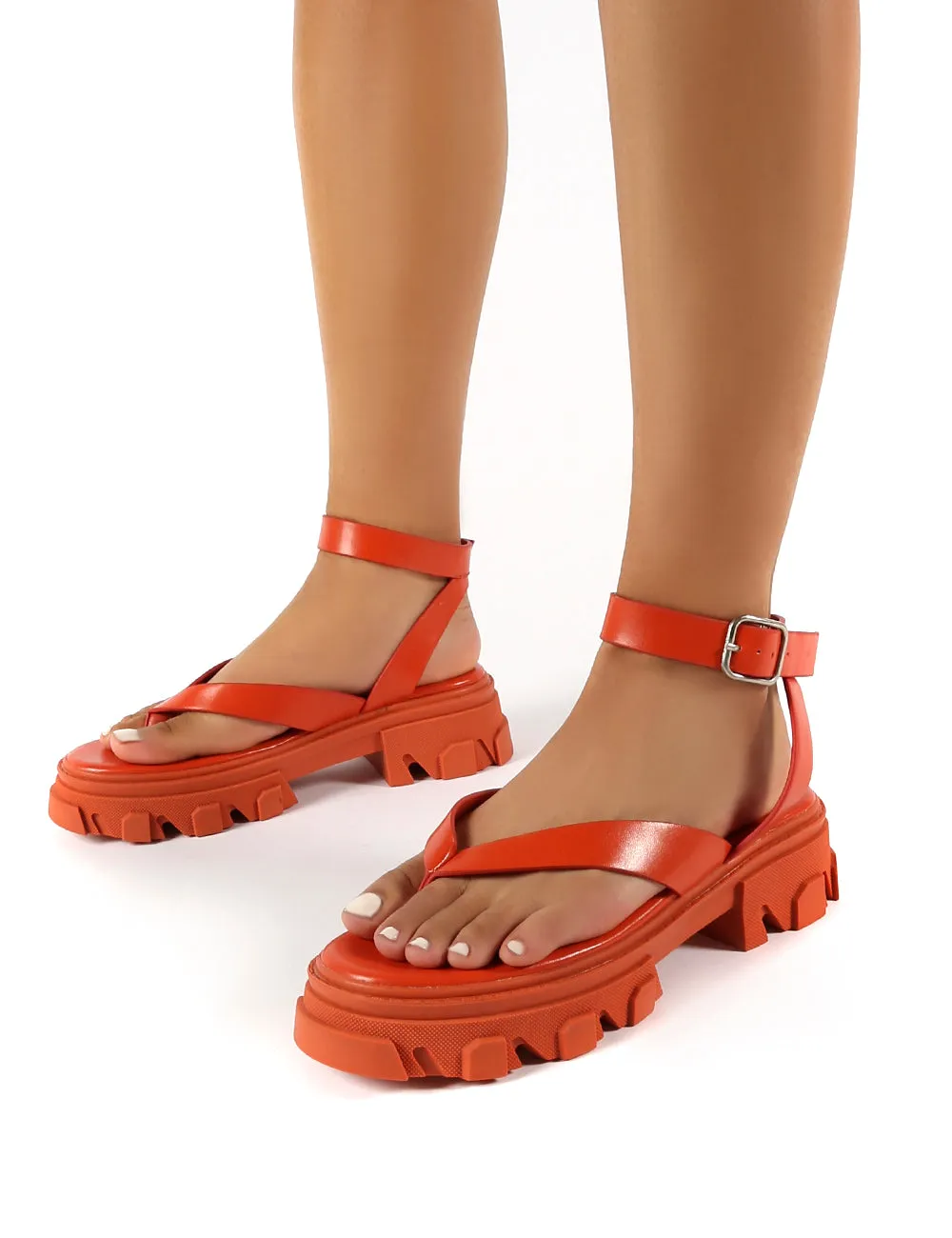 Deputy Orange PU Chunky Sole Ankle Wrap Thong Strap Sandals