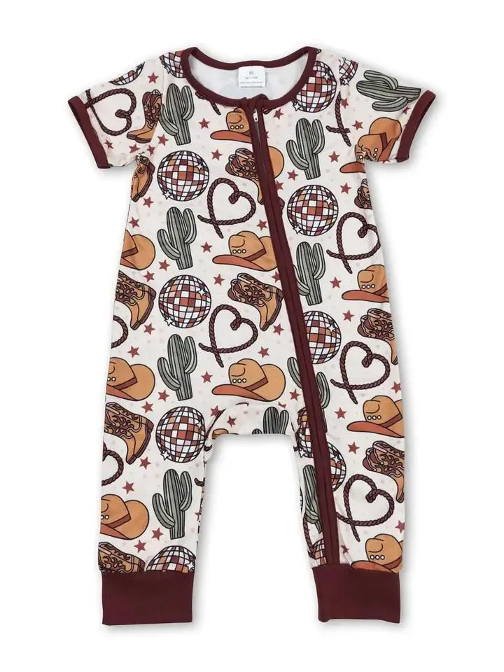 Desert Theme Boots Hat Cactus Unisex Western Zipper Romper Onesie