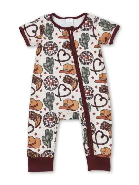 Desert Theme Boots Hat Cactus Unisex Western Zipper Romper Onesie