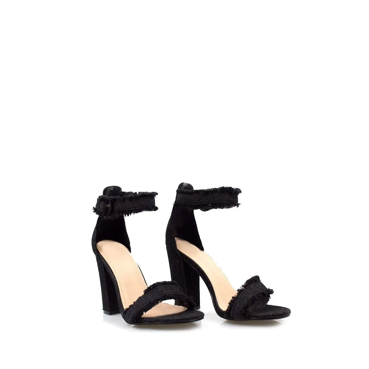 DIONE Denim Block Heel Jean Sandal With Ankle Buckle And Frayed Edge Detail