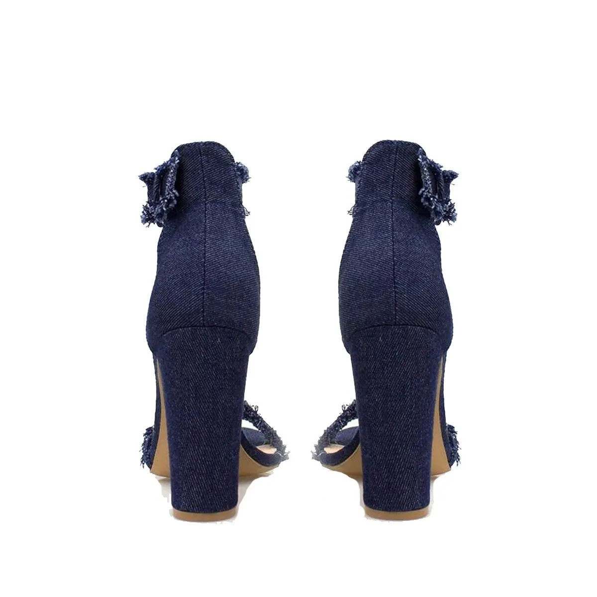 DIONE Denim Block Heel Jean Sandal With Ankle Buckle And Frayed Edge Detail