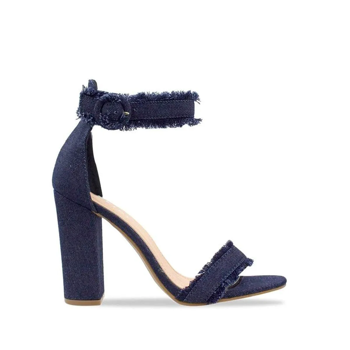 DIONE Denim Block Heel Jean Sandal With Ankle Buckle And Frayed Edge Detail