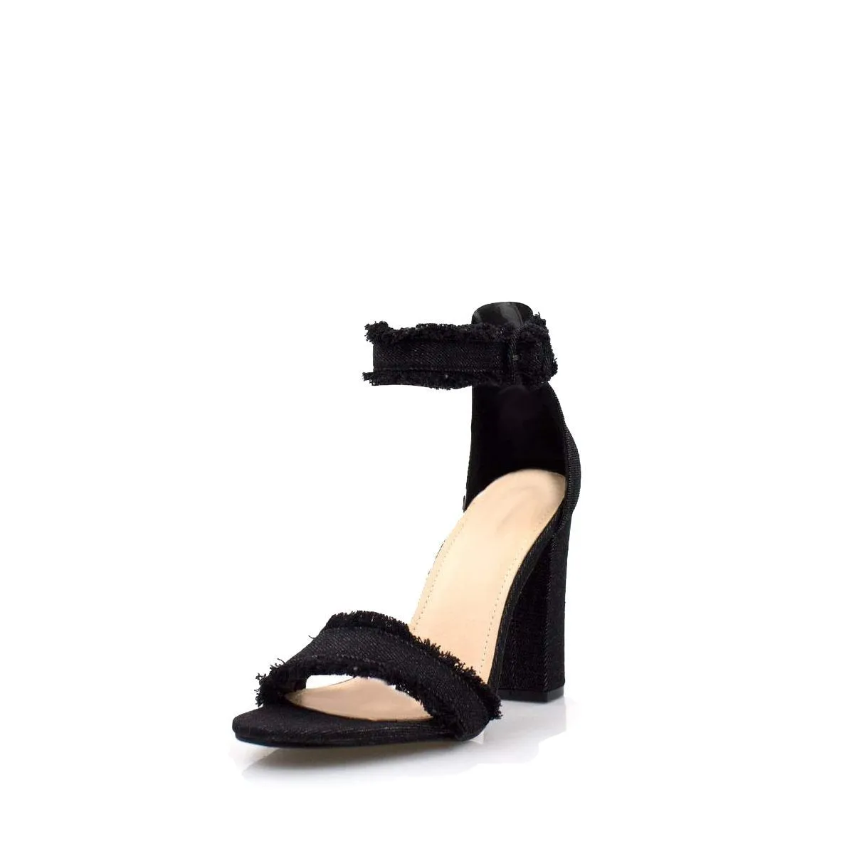 DIONE Denim Block Heel Jean Sandal With Ankle Buckle And Frayed Edge Detail