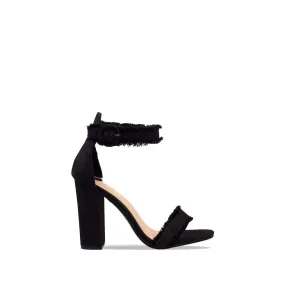DIONE Denim Block Heel Jean Sandal With Ankle Buckle And Frayed Edge Detail