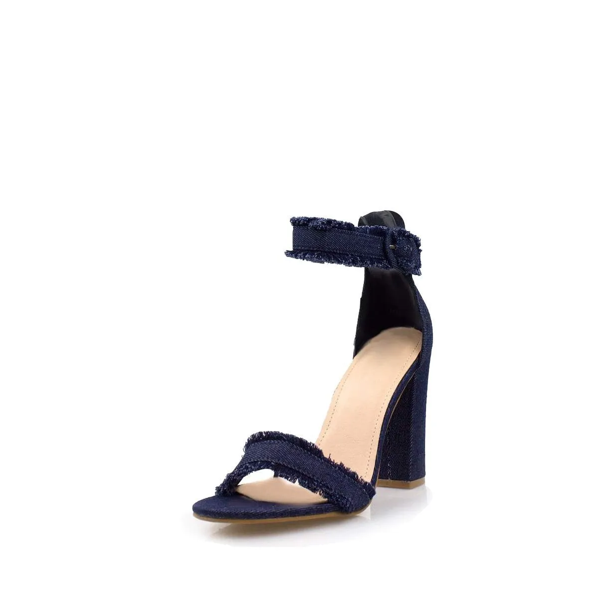 DIONE Denim Block Heel Jean Sandal With Ankle Buckle And Frayed Edge Detail