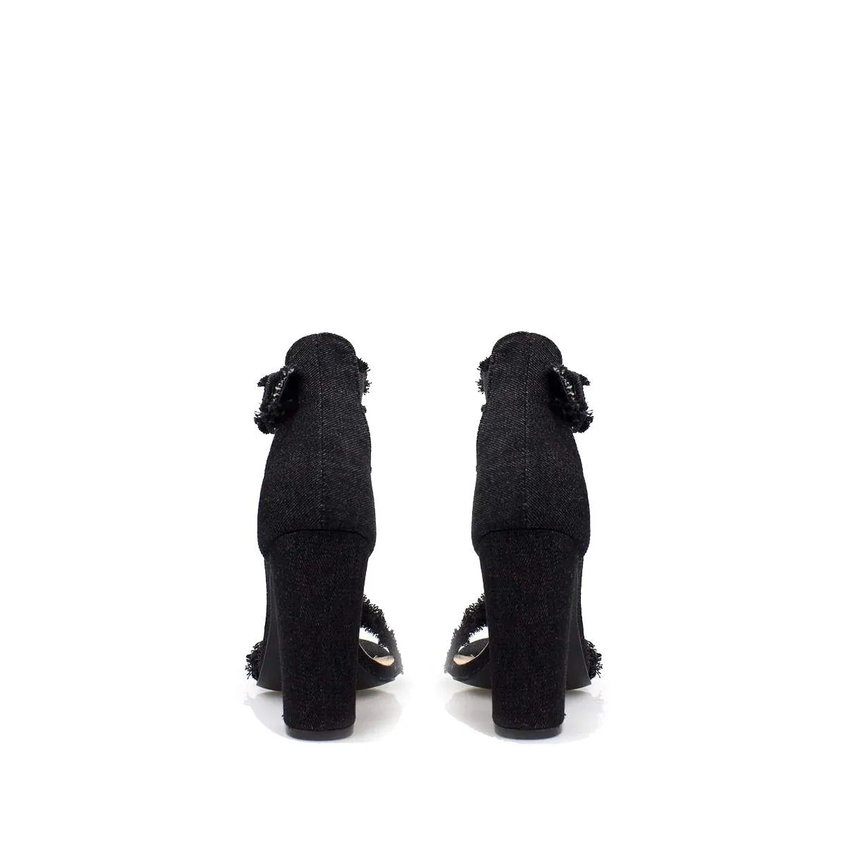 DIONE Denim Block Heel Jean Sandal With Ankle Buckle And Frayed Edge Detail
