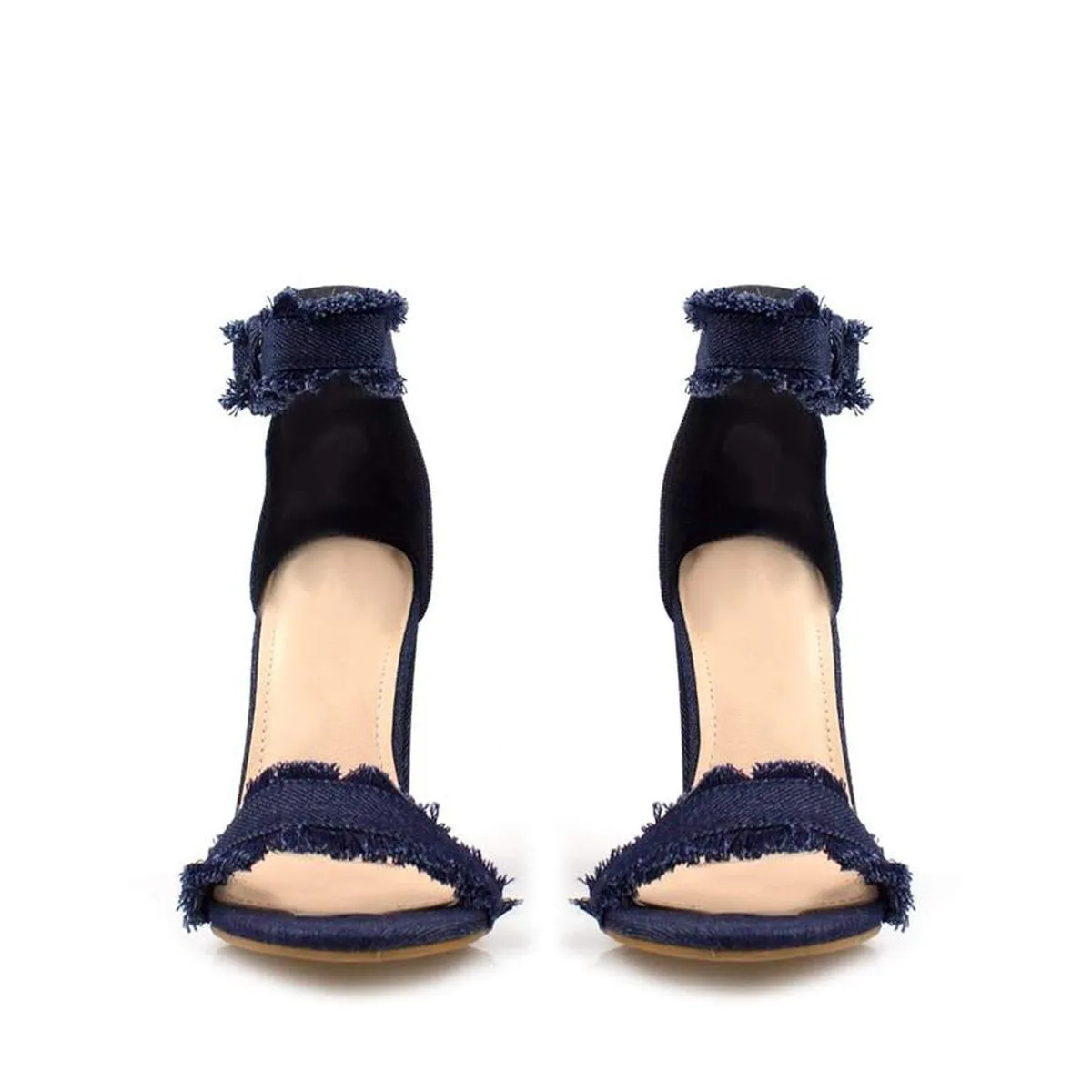 DIONE Denim Block Heel Jean Sandal With Ankle Buckle And Frayed Edge Detail