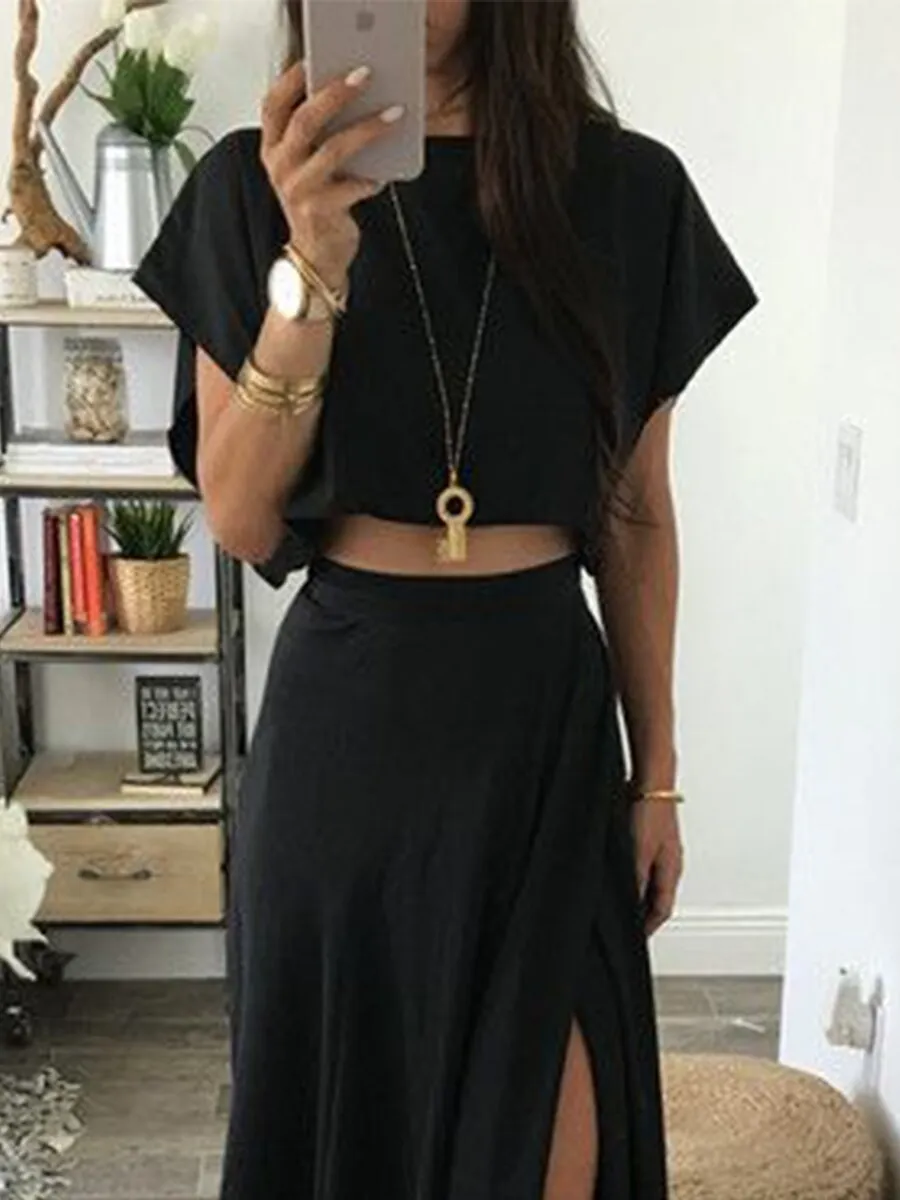 Dunnmall Black Solid Top& Side Slit Set