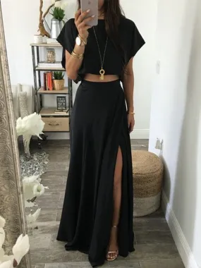 Dunnmall Black Solid Top& Side Slit Set