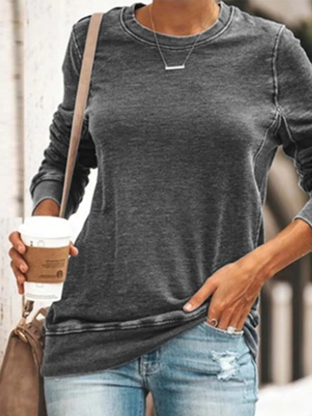 Dunnmall Round Neck Long Sleeve Casual Cotton-Blend Shirts & Tops