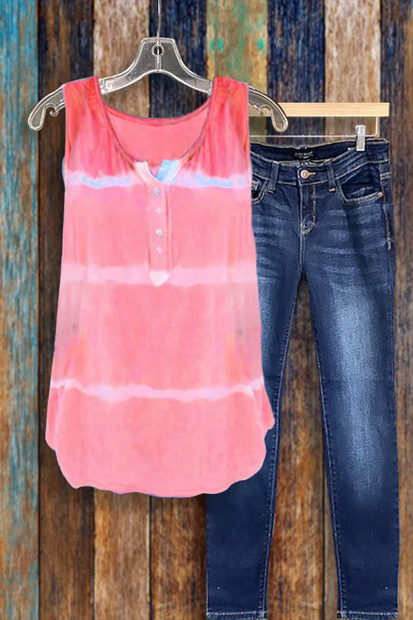 Dunnmall Tie-dye Printed Button Tank