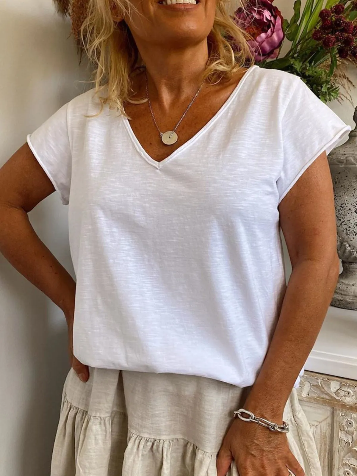 Dunnmall White Short Sleeve Casual Solid Shirts & Tops