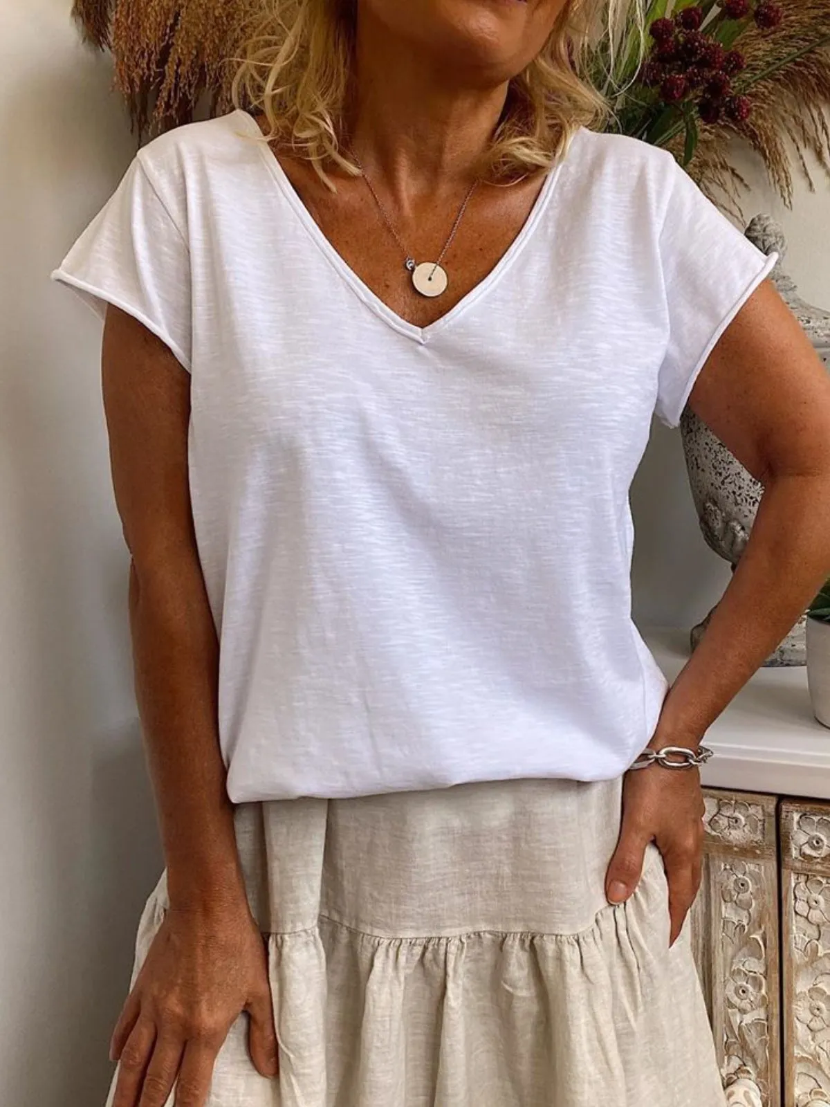 Dunnmall White Short Sleeve Casual Solid Shirts & Tops