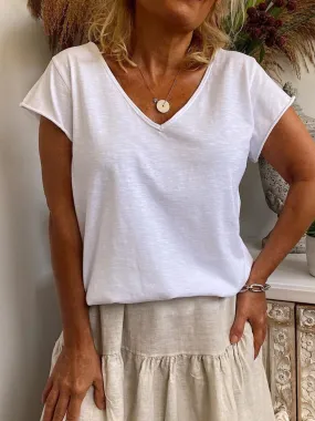 Dunnmall White Short Sleeve Casual Solid Shirts & Tops