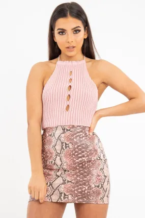 Dusky Pink Knit Halterneck Button Crop Top - Penina