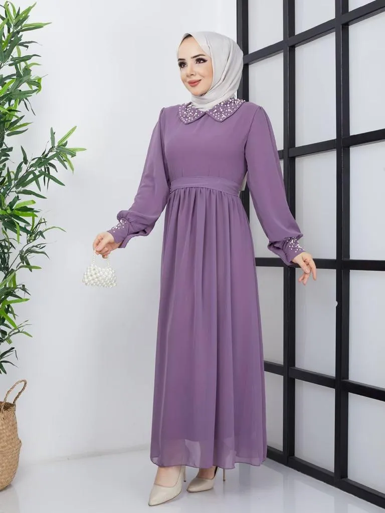 Efsun Moda Turkish Women's Saffron Chiffon Maxi Dress - 340 Purple