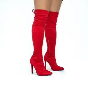 Elsa - Red Faux Suede Pointed Toe Thigh-High Stiletto Heel Boots