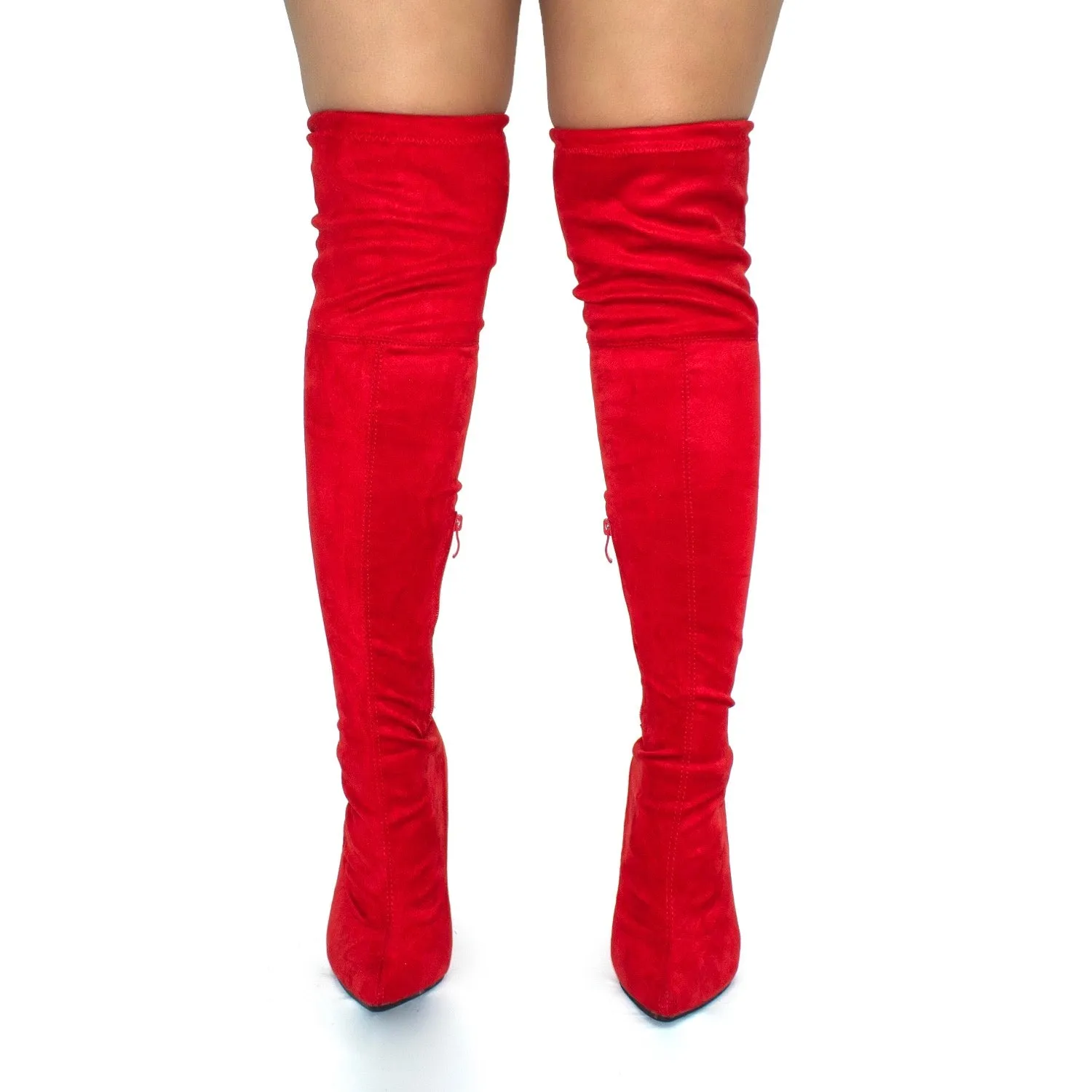 Elsa - Red Faux Suede Pointed Toe Thigh-High Stiletto Heel Boots