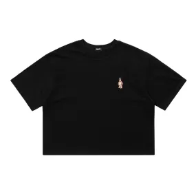 EMBROIDERY BEAR RABBIT WIDE CROP TOP BLACK