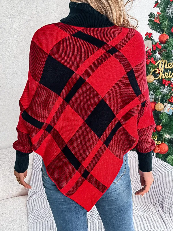 Fancy Plaid Turtleneck Long Sleeve Poncho Sweater