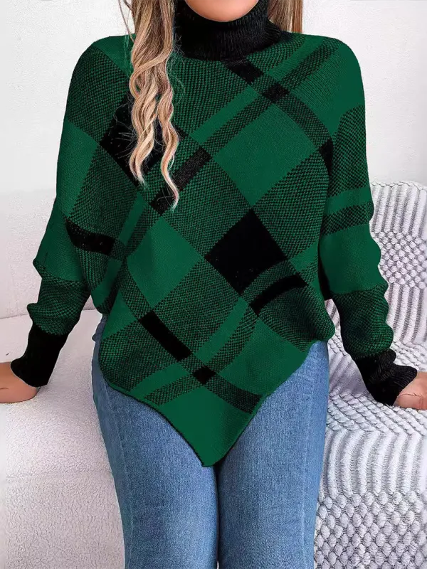 Fancy Plaid Turtleneck Long Sleeve Poncho Sweater