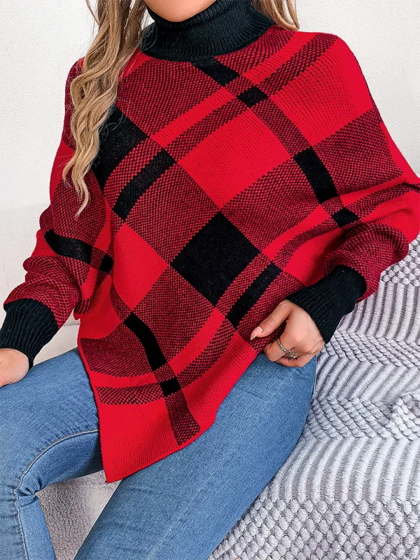 Fancy Plaid Turtleneck Long Sleeve Poncho Sweater
