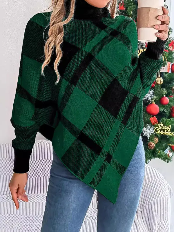 Fancy Plaid Turtleneck Long Sleeve Poncho Sweater