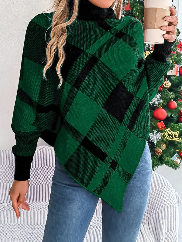 Fancy Plaid Turtleneck Long Sleeve Poncho Sweater