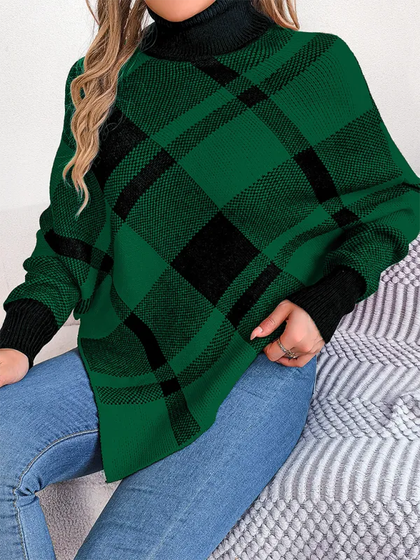 Fancy Plaid Turtleneck Long Sleeve Poncho Sweater