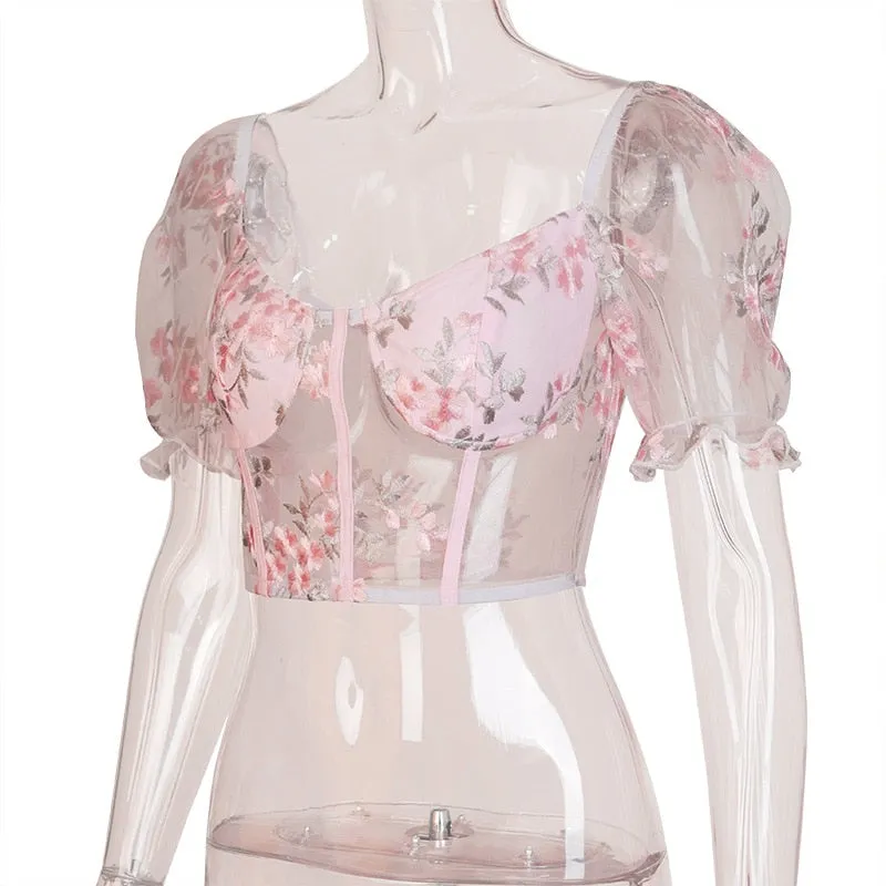 Floral Bubble Puff Sleeve Backless Sheer Mesh Women Crop Top