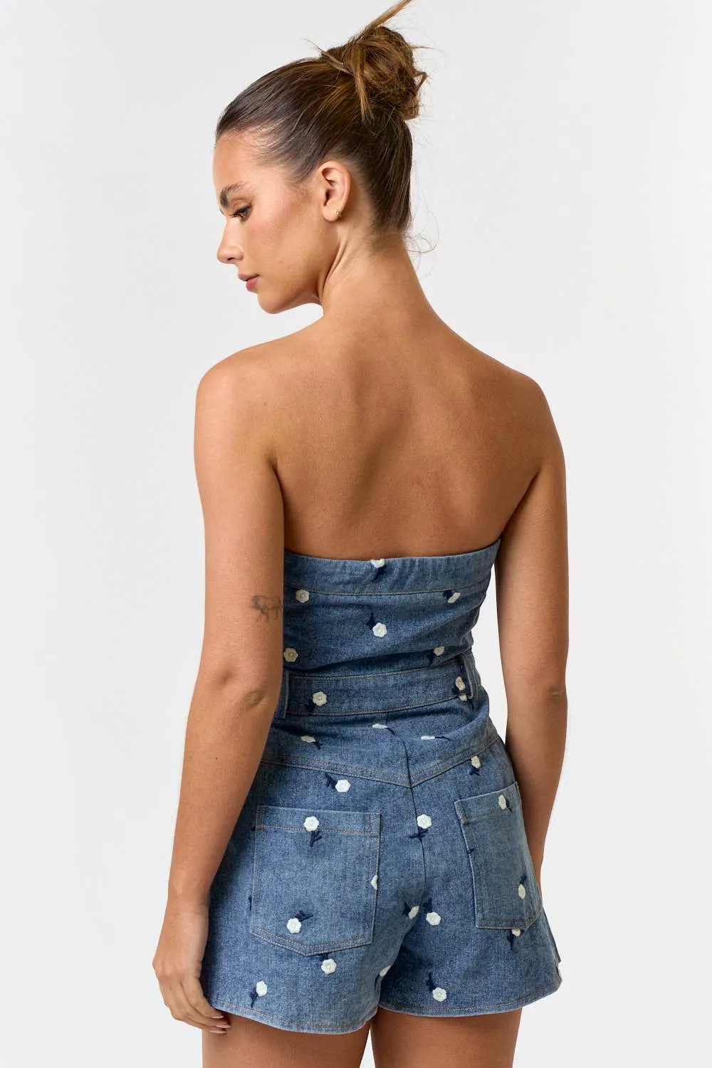 Floral Embroidered Denim Romper
