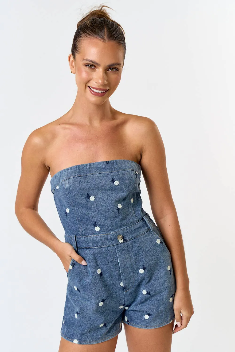 Floral Embroidered Denim Romper