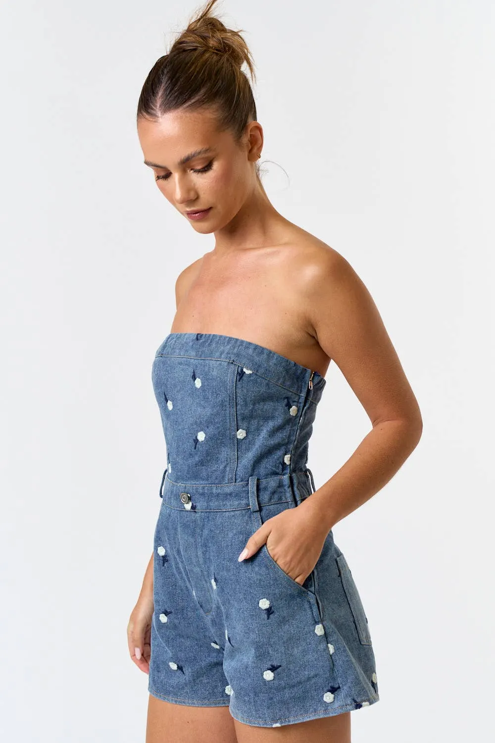 Floral Embroidered Denim Romper