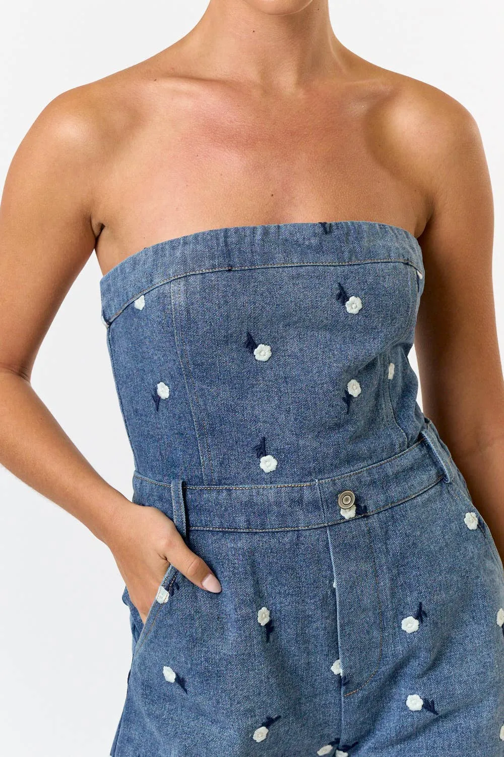 Floral Embroidered Denim Romper