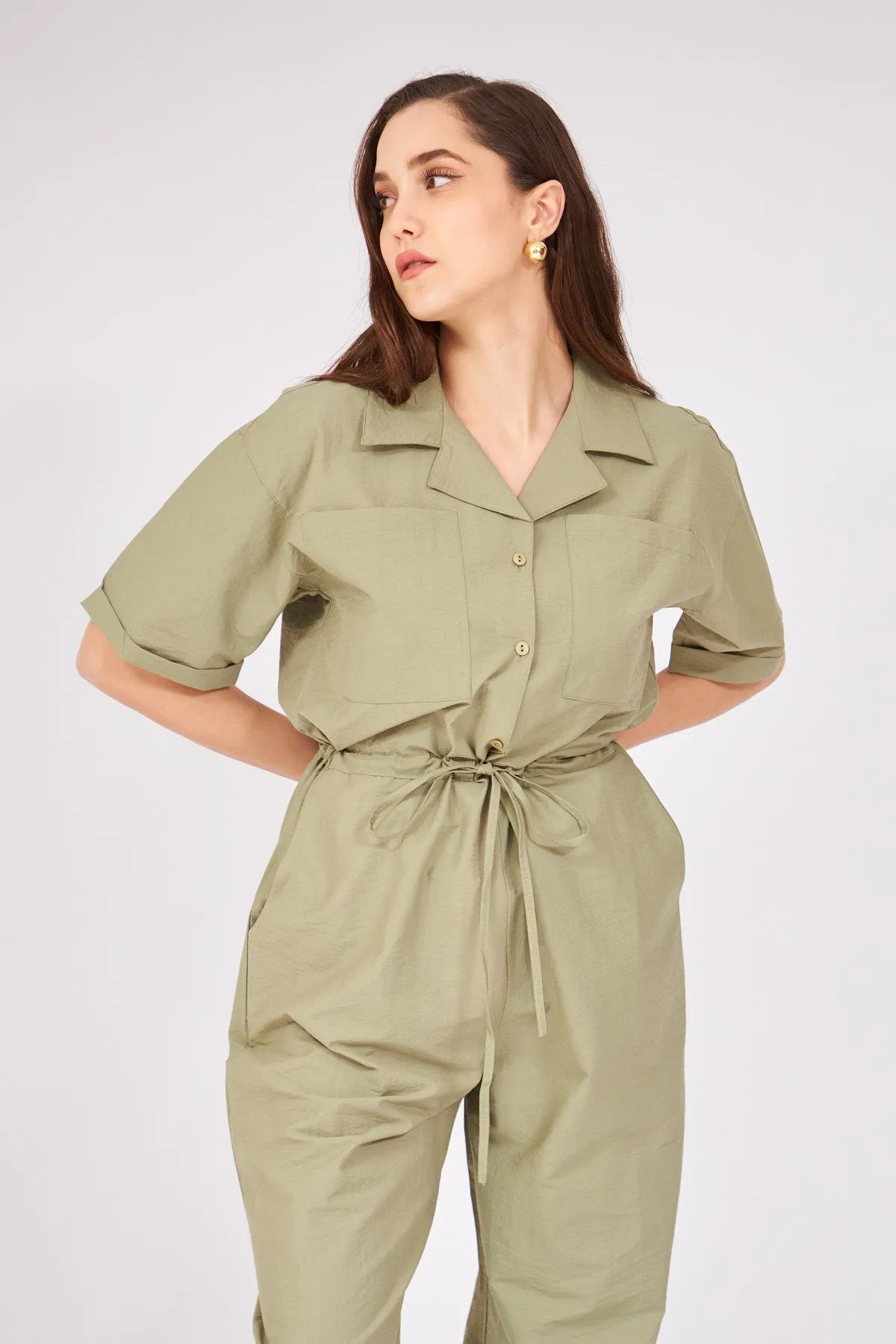 Gathered Waist Jumpsuit - DARK GREEN
