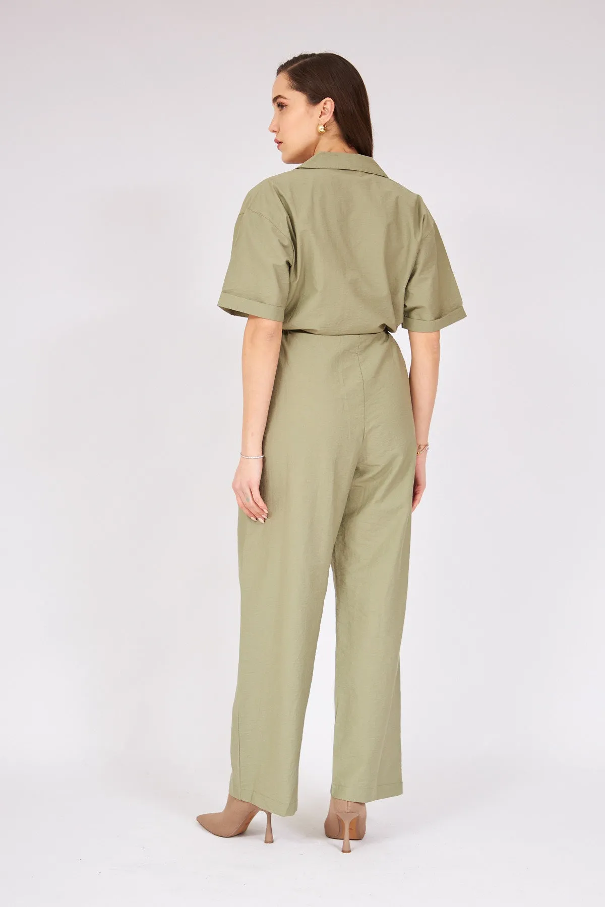 Gathered Waist Jumpsuit - DARK GREEN
