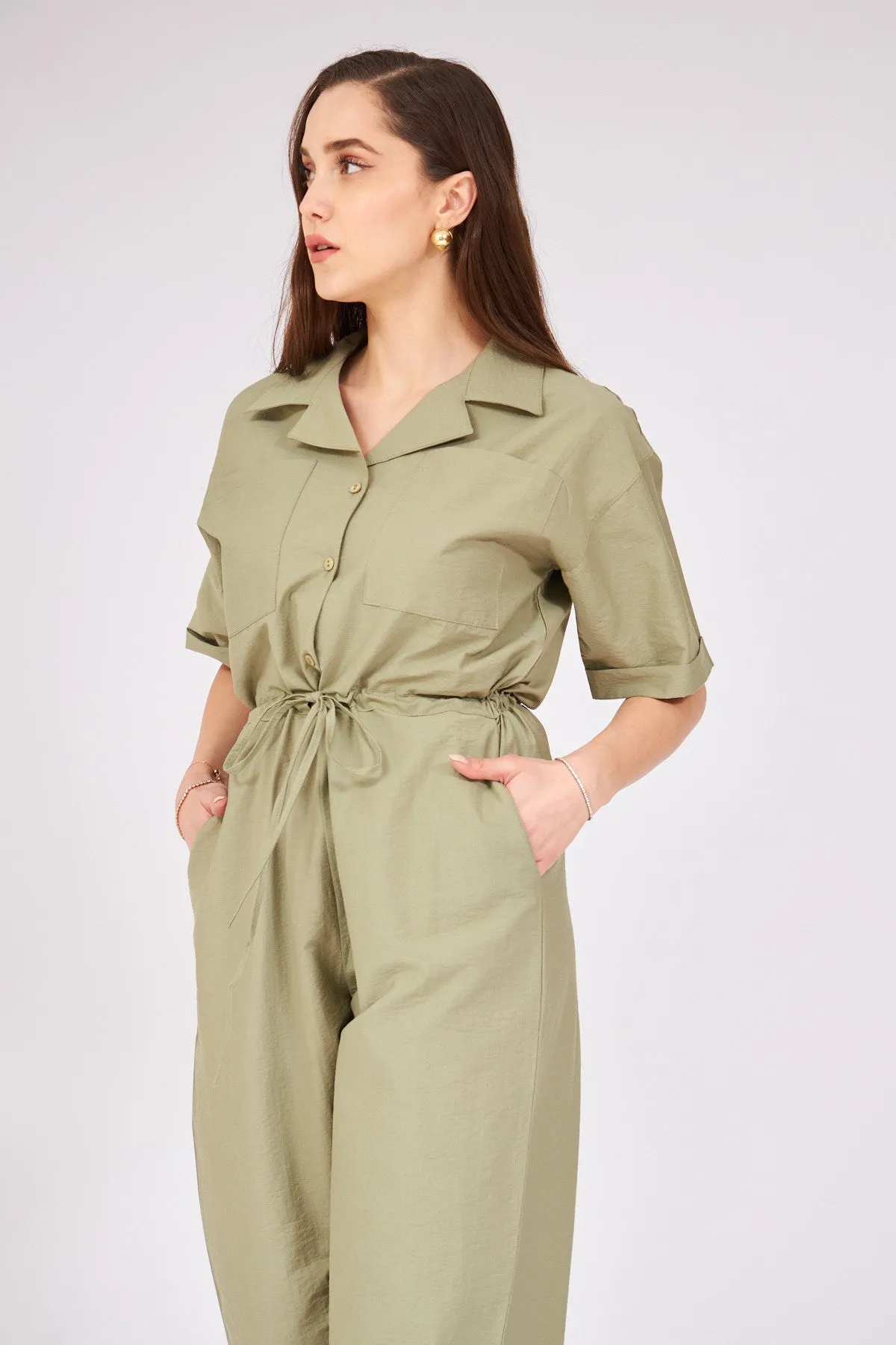 Gathered Waist Jumpsuit - DARK GREEN