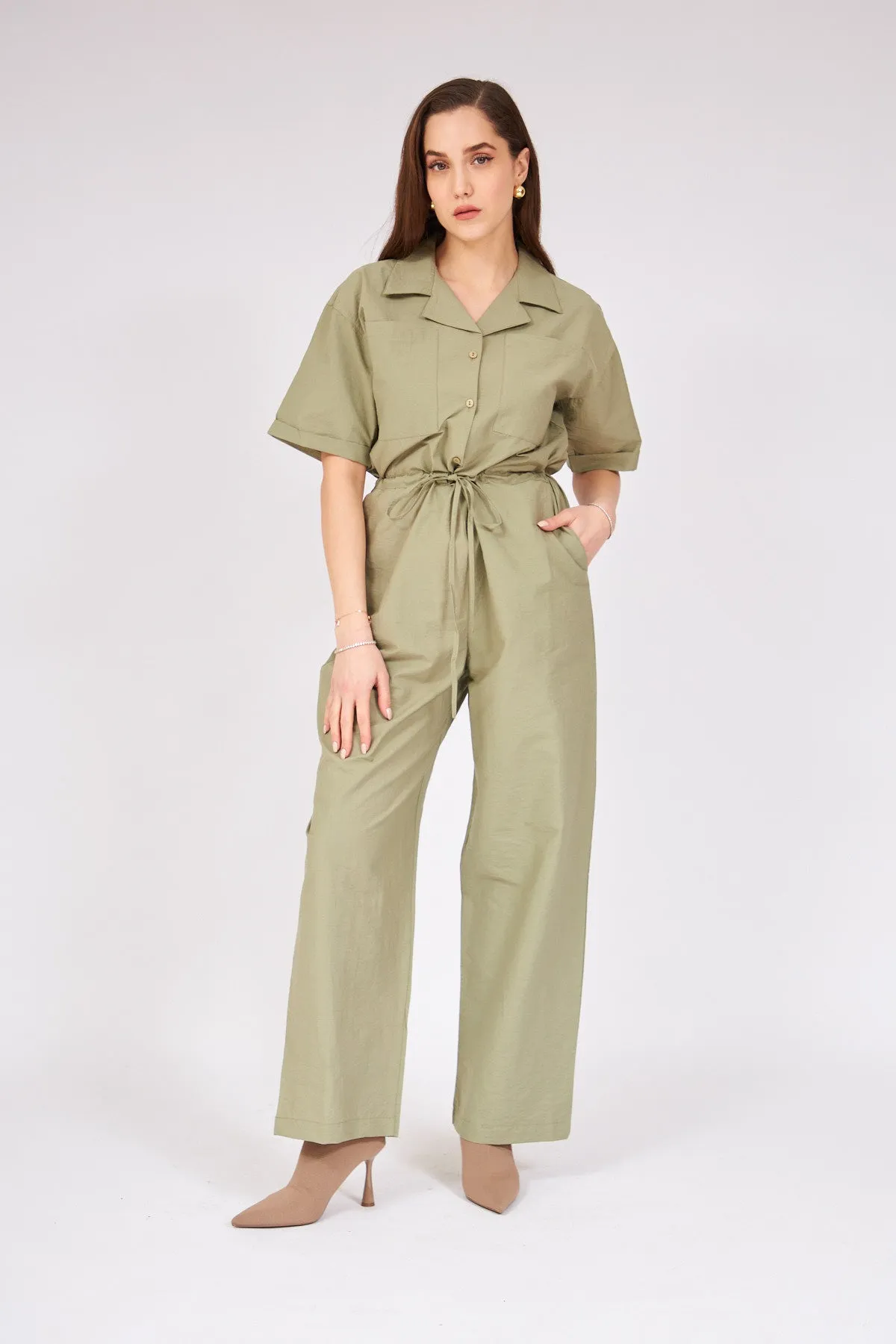 Gathered Waist Jumpsuit - DARK GREEN