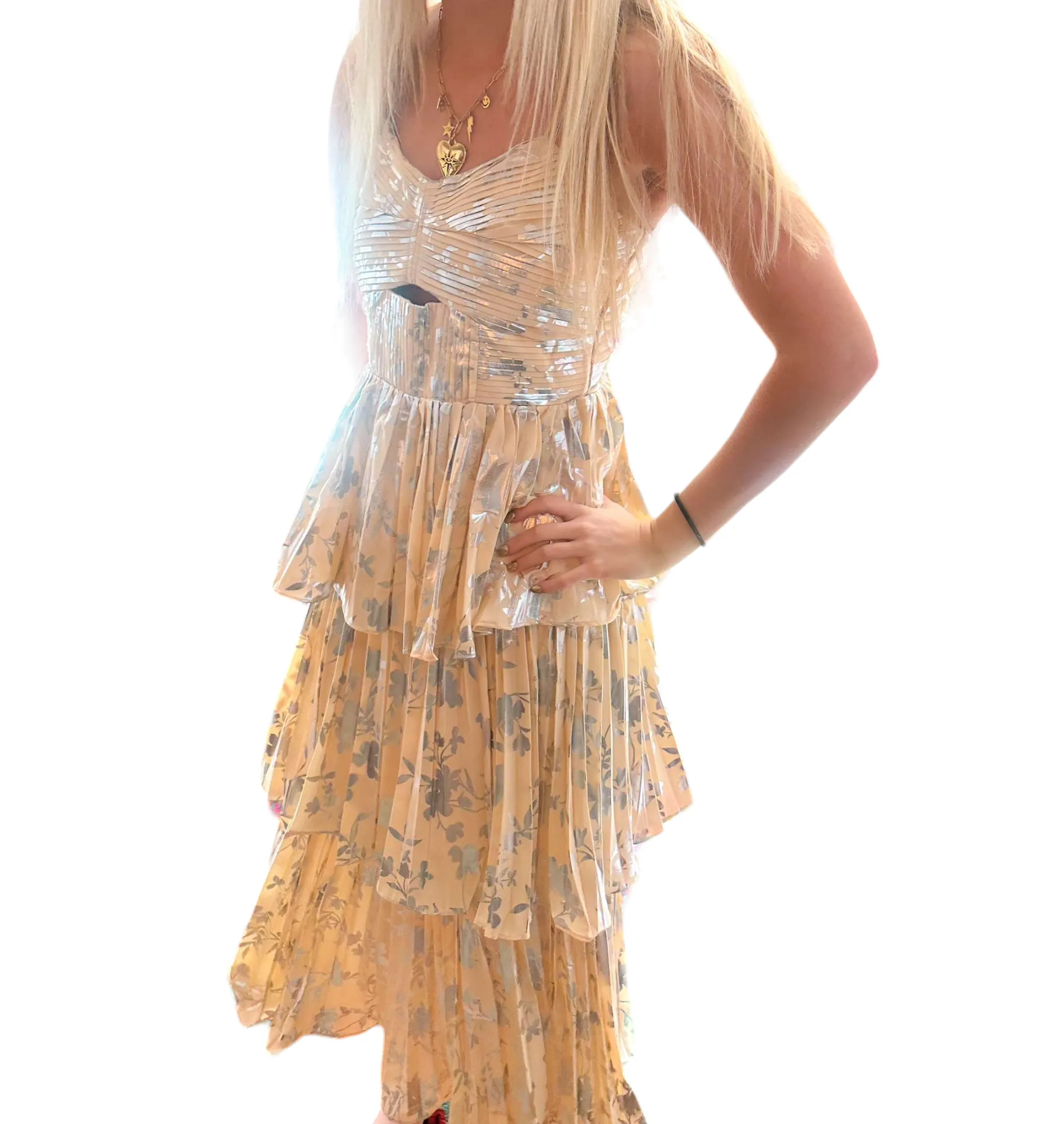 Gilded Elegance: Ruffled Gold & Ivory Maxi Dress