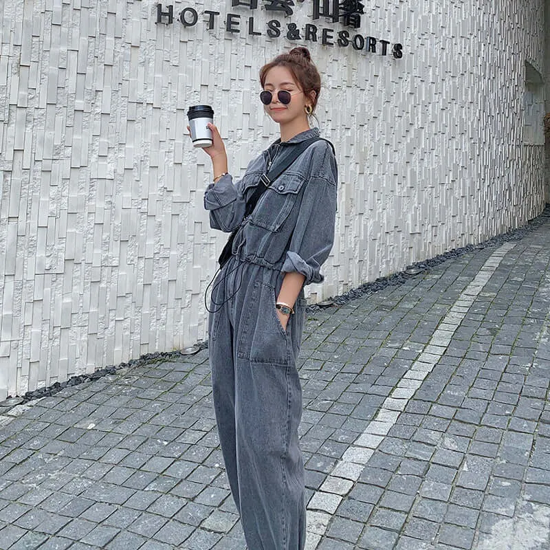 Gray Denim Overalls Jumpsuit with Long Sleeve for Women
