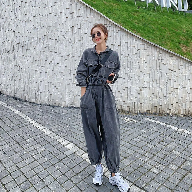 Gray Denim Overalls Jumpsuit with Long Sleeve for Women