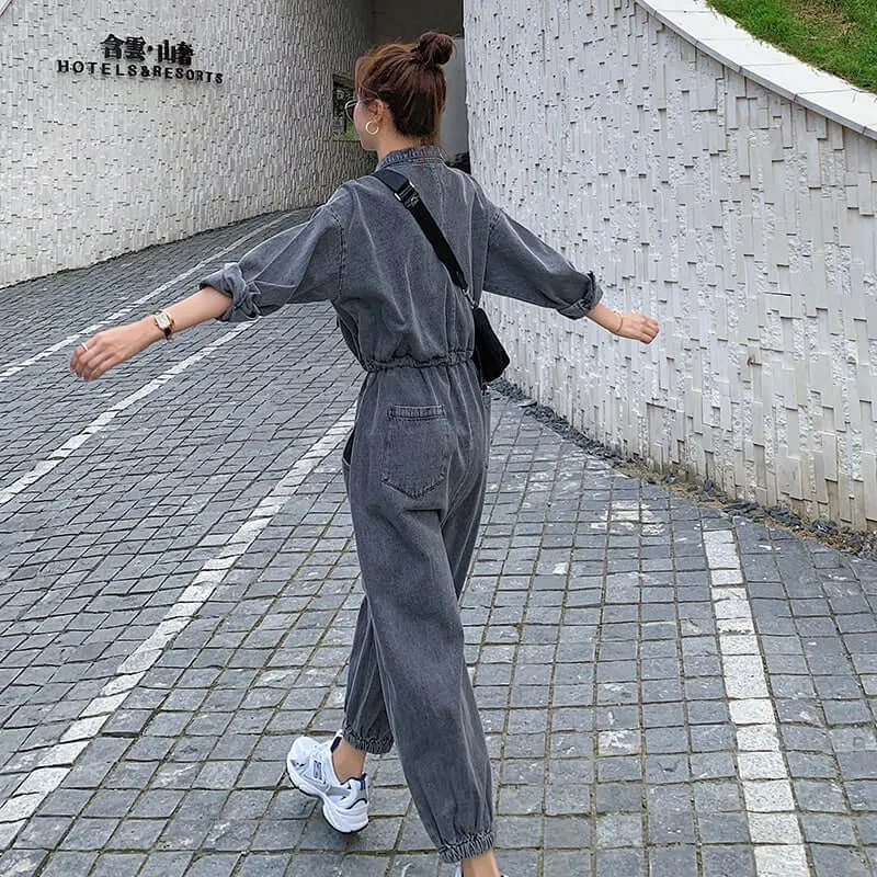 Gray Denim Overalls Jumpsuit with Long Sleeve for Women