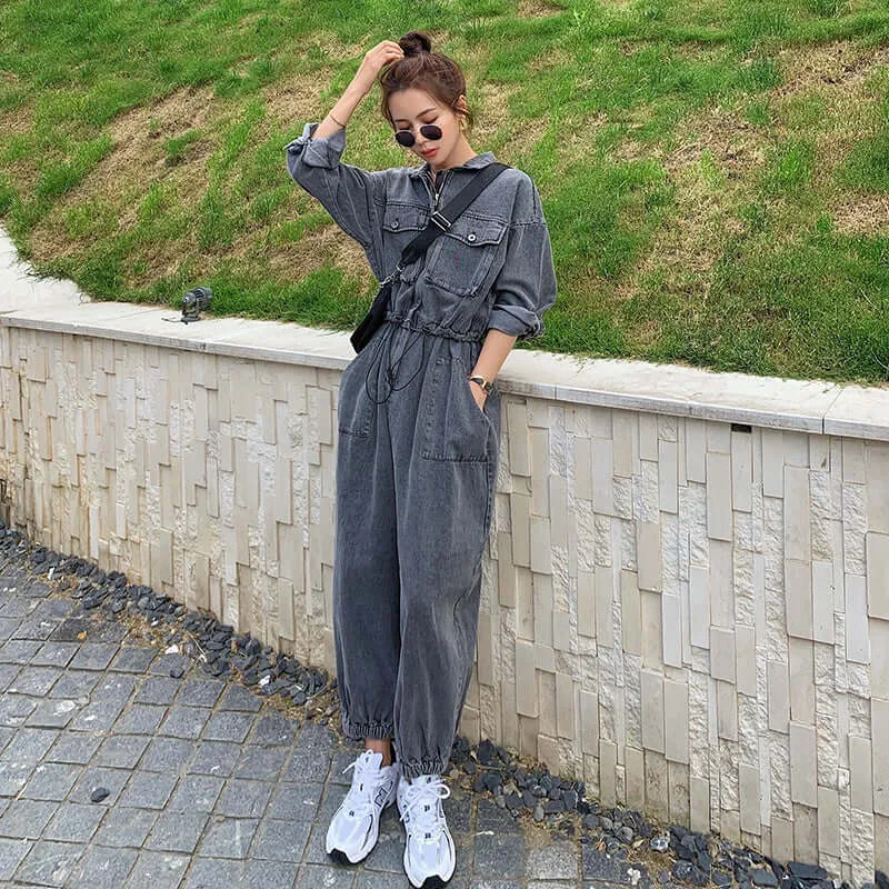 Gray Denim Overalls Jumpsuit with Long Sleeve for Women