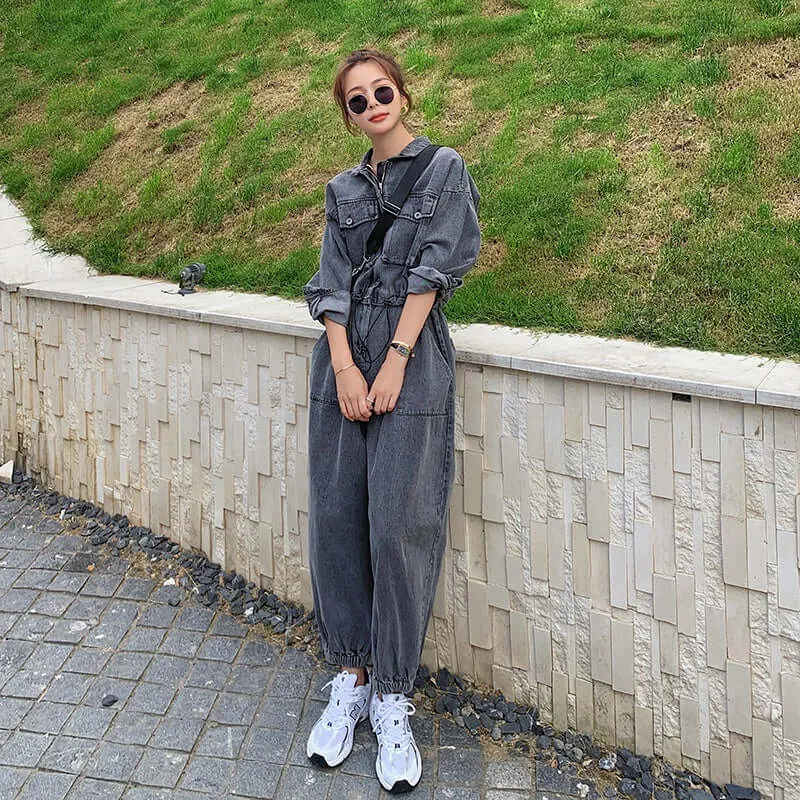 Gray Denim Overalls Jumpsuit with Long Sleeve for Women