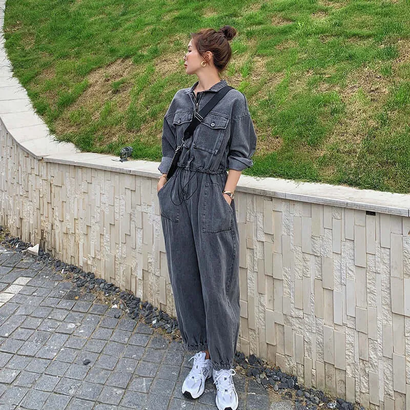Gray Denim Overalls Jumpsuit with Long Sleeve for Women