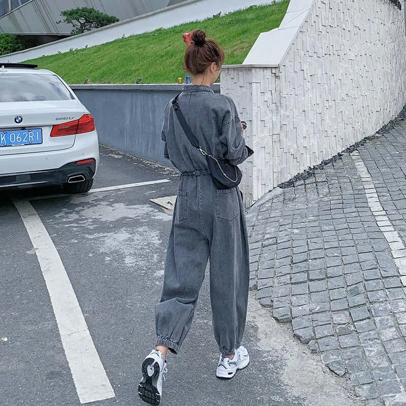 Gray Denim Overalls Jumpsuit with Long Sleeve for Women