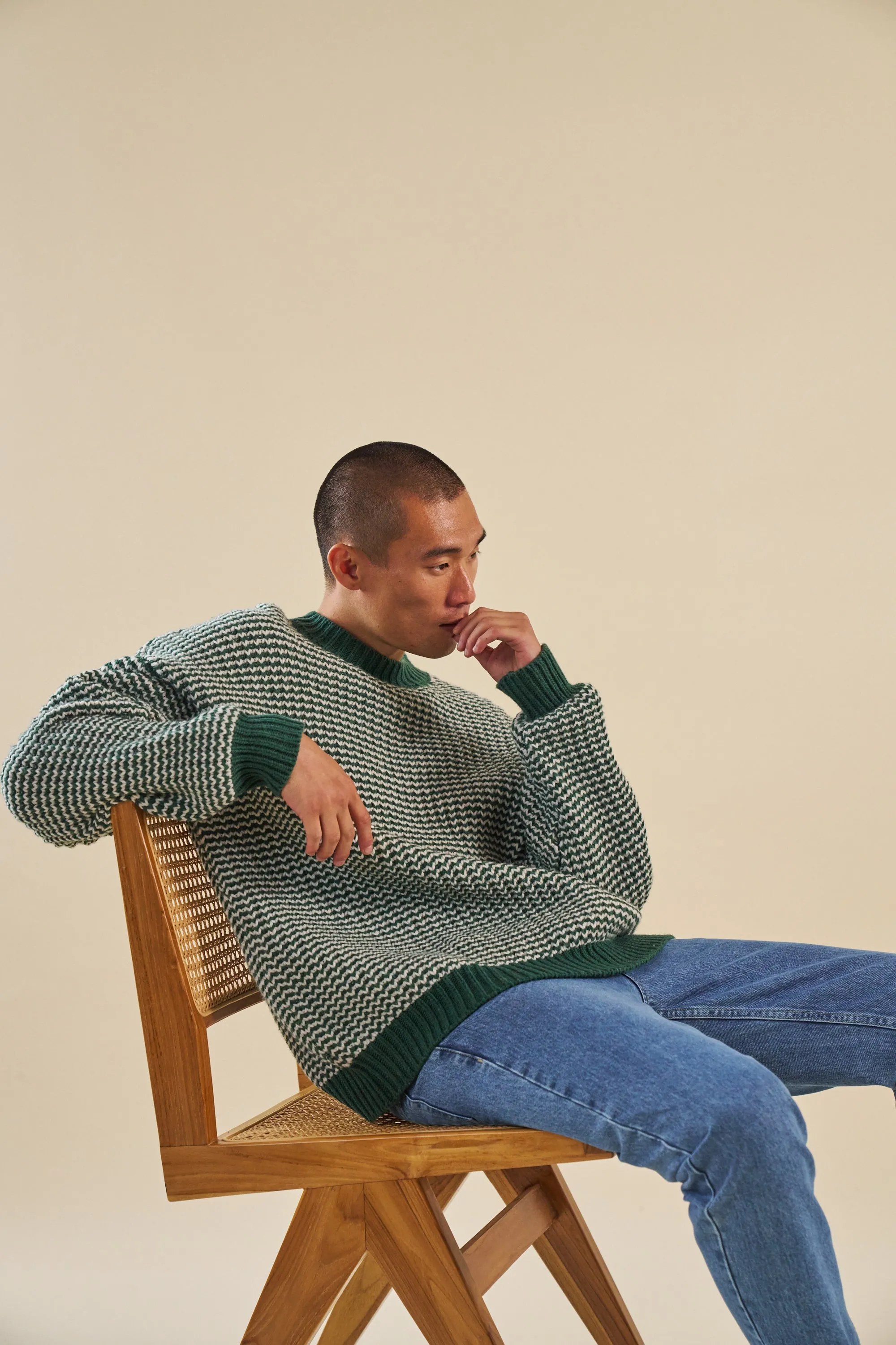 GREEN STRIPE CHUNKY KNIT RIB OVERSIZED SWEATER